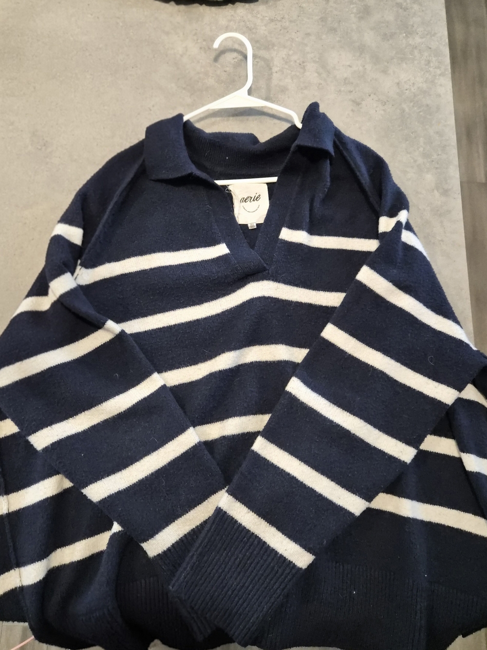 aerie Navy and White Striped V-Neck Collared Sweater